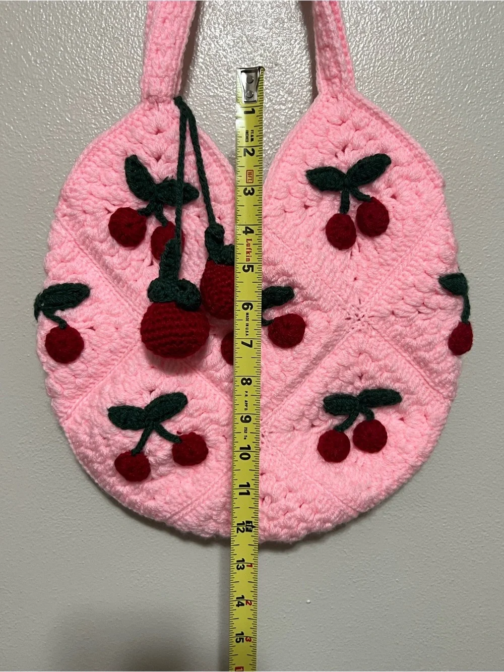Handmade Pink Crochet Cherry Hand Bag Pom Pom’s Summer Adorable